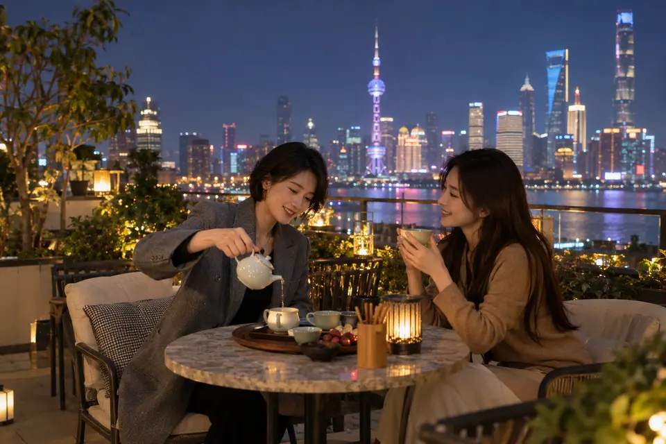 屋顶露台夜茶交流场景，年轻女性与朋友在夜色中倒茶交谈