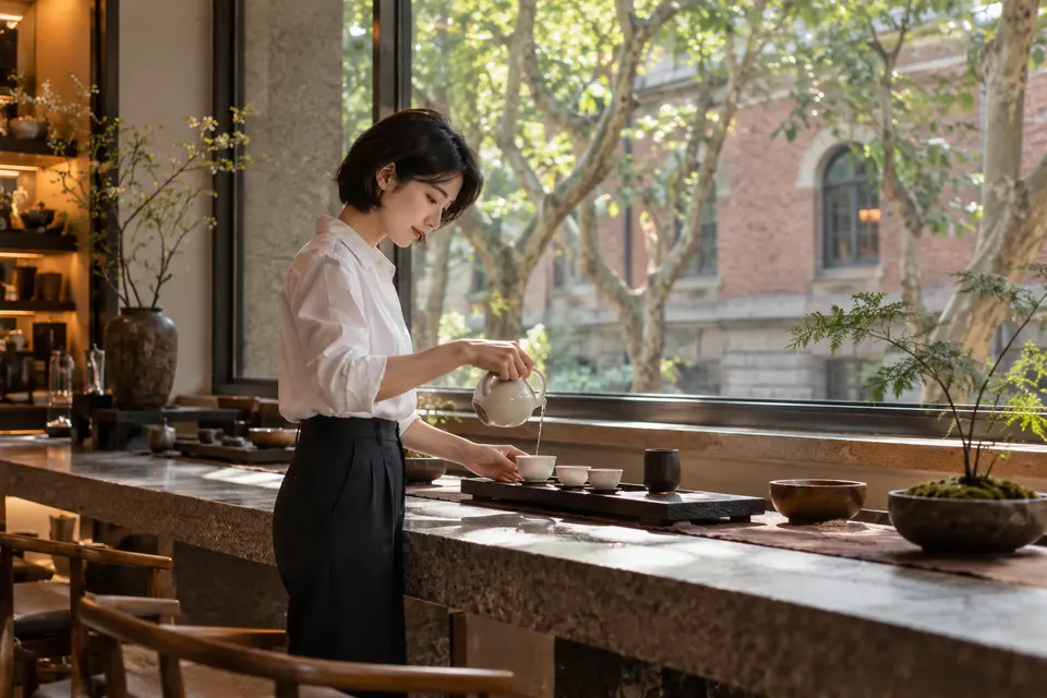 上海梧桐街区茶室中，一位年轻女性正在倒茶，白瓷茶具与都市窗景相映