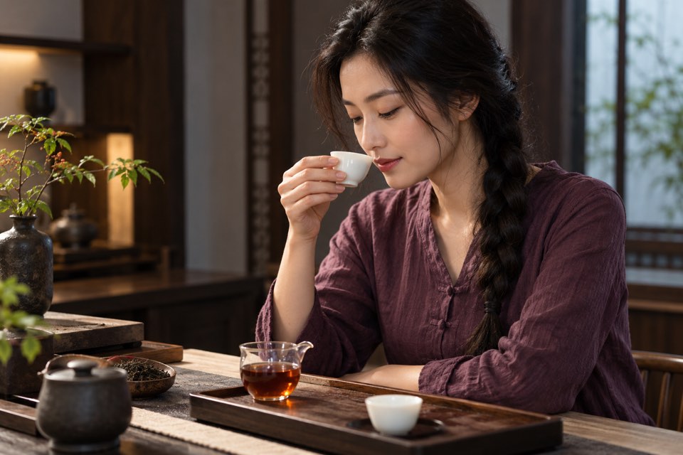 茶汤闻香品鉴场景，年轻女性正持杯闻香，专注感受乌龙茶香气