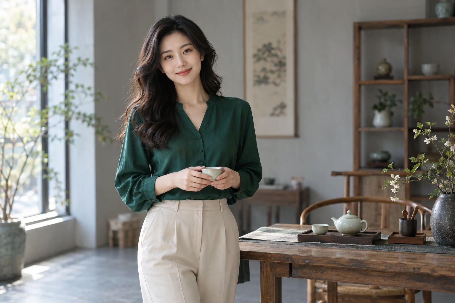 现代茶室站姿人物场景，年轻女性在简洁茶室空间中，展现空间与人的比例关系